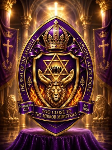 The Seal of the Apostle: a purple and gold crest reading Too Close To The Mirror Ministries, Apostle Alice Poole, established 2020